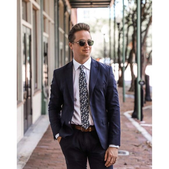 Men's Skinny Tie Floral Print Cotton Necktie Great for Weddings Blueberry Bliss - Picture 5 of 6